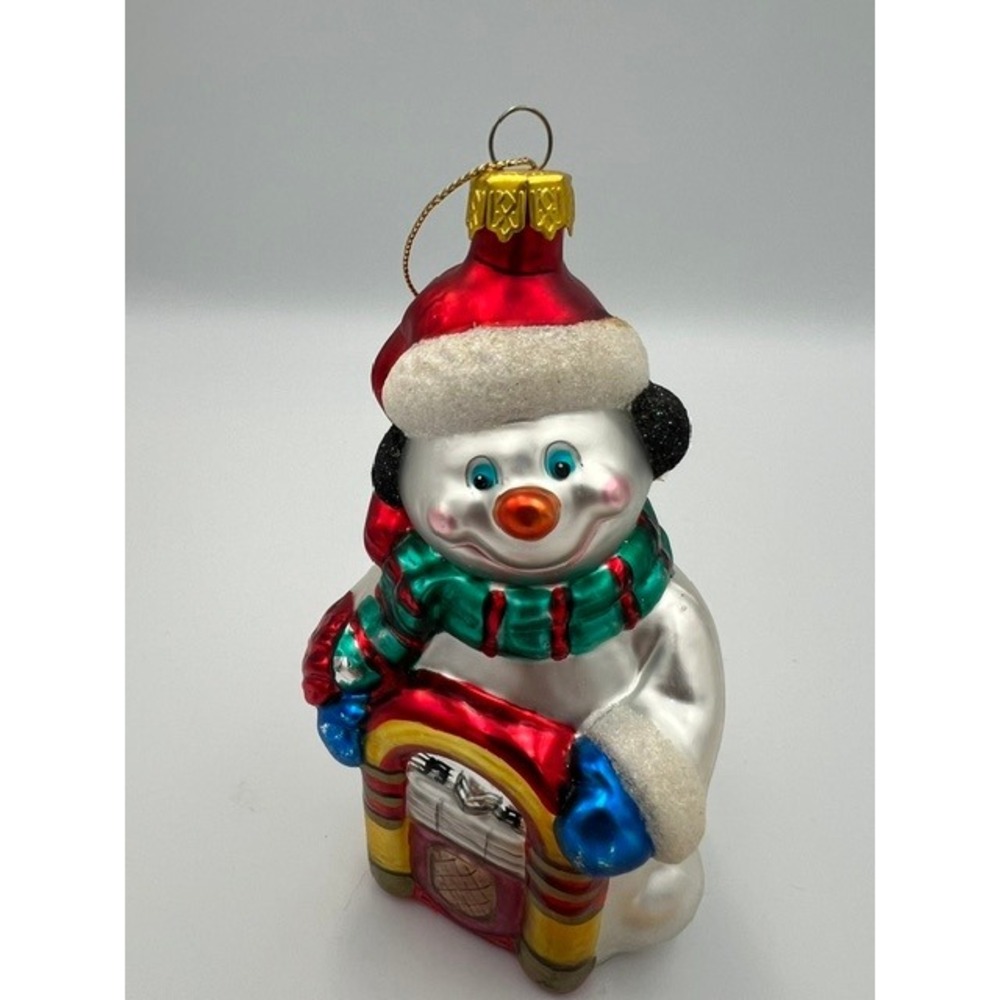 Vintage Snowman Retro Jukebox Glass Christmas Ornament Santa Hat 5.25in 1990's - Picture 11 of 12